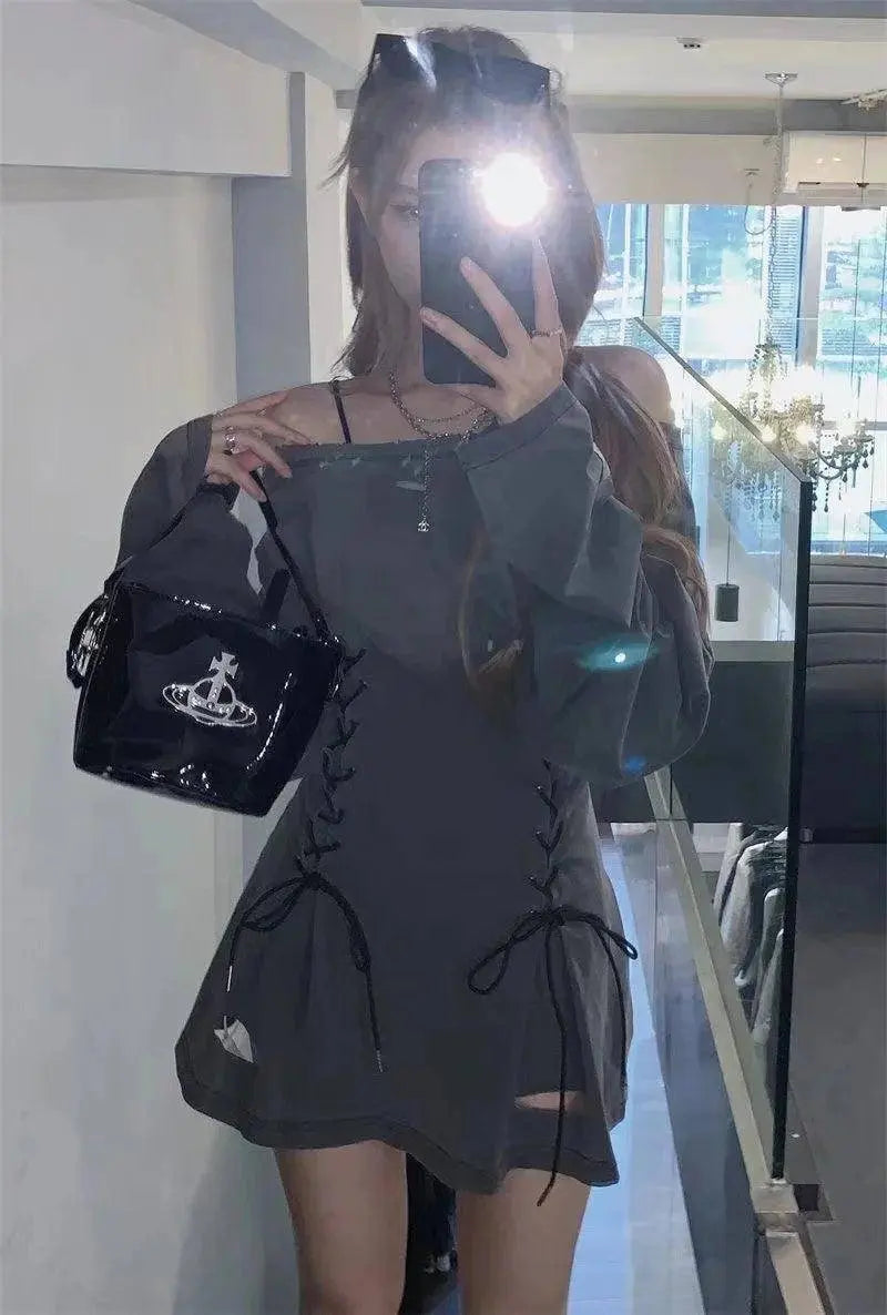 Fairycore Grunge Corset Dress Long Sleeve Women Aesthetic Y2k Fairy Goth Clothes Kawaii Bandage Bodycon Dresses Spring Autumn SS69