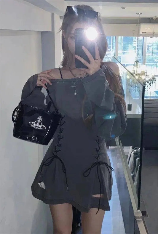 Fairycore Grunge Corset Dress Long Sleeve Women Aesthetic Y2k Fairy Goth Clothes Kawaii Bandage Bodycon Dresses Spring Autumn SS69