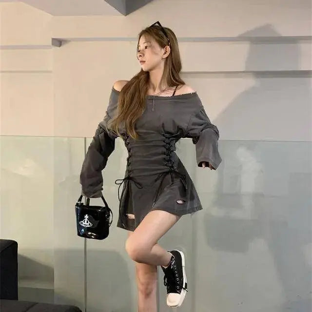 Fairycore Grunge Corset Dress Long Sleeve Women Aesthetic Y2k Fairy Goth Clothes Kawaii Bandage Bodycon Dresses Spring Autumn SS69