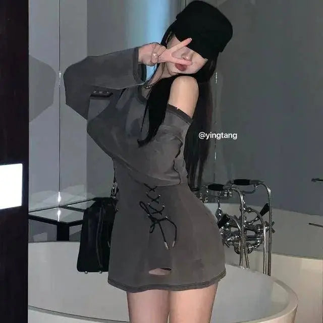 Fairycore Grunge Corset Dress Long Sleeve Women Aesthetic Y2k Fairy Goth Clothes Kawaii Bandage Bodycon Dresses Spring Autumn SS69