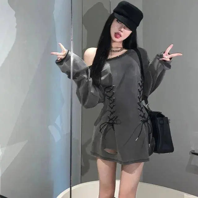 Fairycore Grunge Corset Dress Long Sleeve Women Aesthetic Y2k Fairy Goth Clothes Kawaii Bandage Bodycon Dresses Spring Autumn SS69