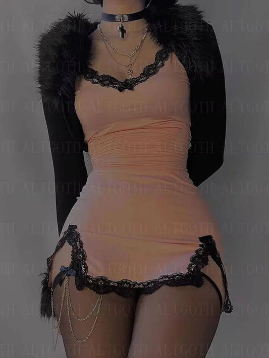 Fairycore Y2K Pink Dress Women Sexy E-Girl Lace Patchwork - SS69