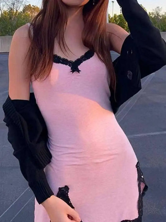 Fairycore Y2K Pink Dress Women Sexy E-Girl Lace Patchwork - SS69