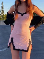 Fairycore Y2K Pink Dress Women Sexy E-Girl Lace Patchwork - SS69