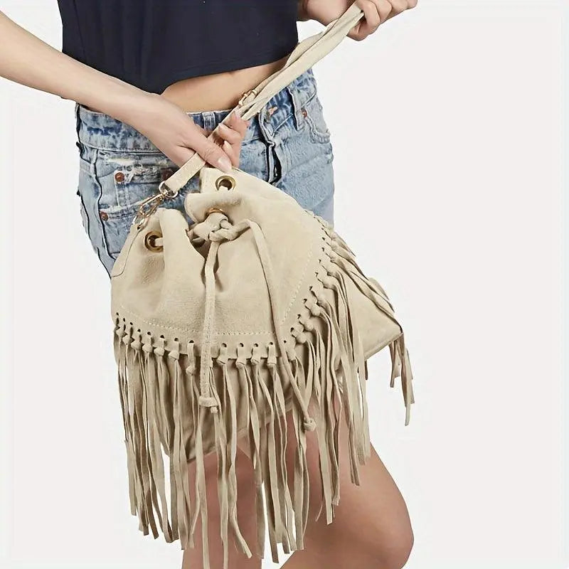 Fashion Fringe Crossbody Bag With Drawstring Closure And Tassel Accent For Vacation And Beach Use - SS69