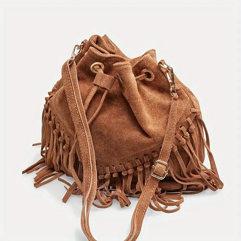 Fashion Fringe Crossbody Bag With Drawstring Closure And Tassel Accent For Vacation And Beach Use - SS69