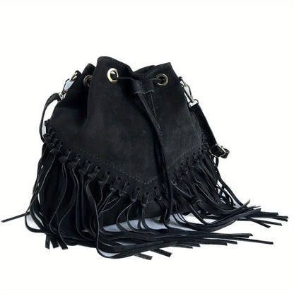 Fashion Fringe Crossbody Bag With Drawstring Closure And Tassel Accent For Vacation And Beach Use - SS69