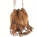 Fashion Fringe Crossbody Bag With Drawstring Closure And Tassel Accent For Vacation And Beach Use SS69