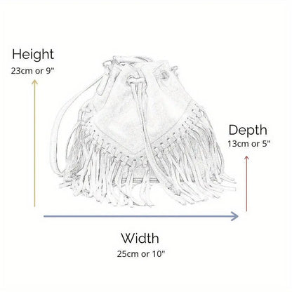 Fashion Fringe Crossbody Bag With Drawstring Closure And Tassel Accent For Vacation And Beach Use SS69