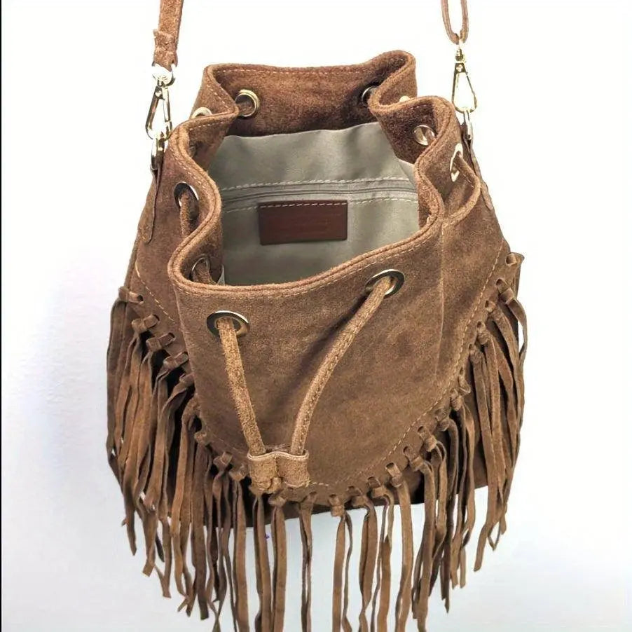 Fashion Fringe Crossbody Bag With Drawstring Closure And Tassel Accent For Vacation And Beach Use SS69