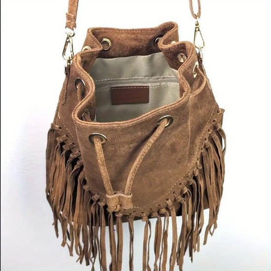 Fashion Fringe Crossbody Bag With Drawstring Closure And Tassel Accent For Vacation And Beach Use SS69
