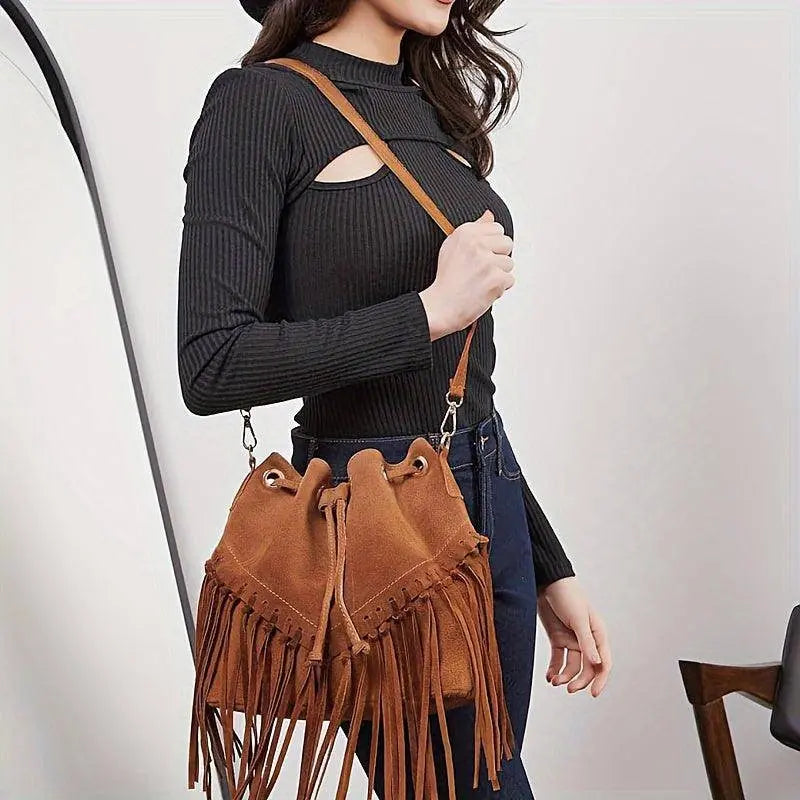 Fashion Fringe Crossbody Bag With Drawstring Closure And Tassel Accent For Vacation And Beach Use SS69