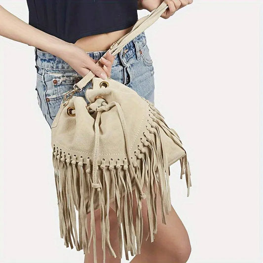 Fashion Fringe Crossbody Bag With Drawstring Closure And Tassel Accent For Vacation And Beach Use SS69