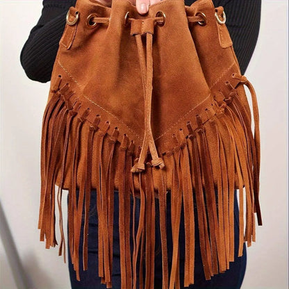 Fashion Fringe Crossbody Bag With Drawstring Closure And Tassel Accent For Vacation And Beach Use SS69