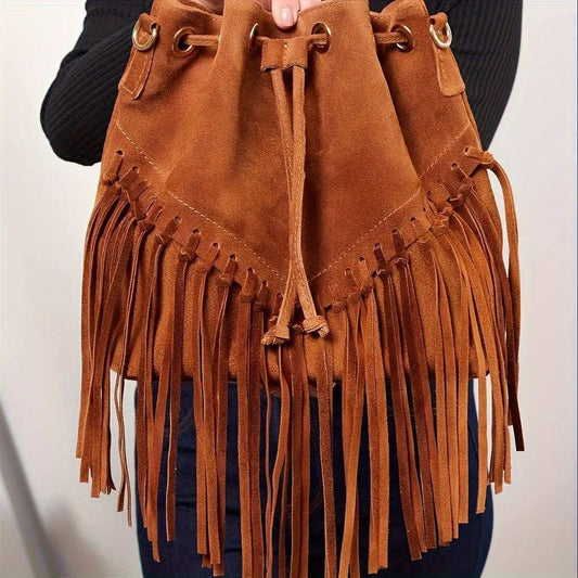 Fashion Fringe Crossbody Bag With Drawstring Closure And Tassel Accent For Vacation And Beach Use SS69