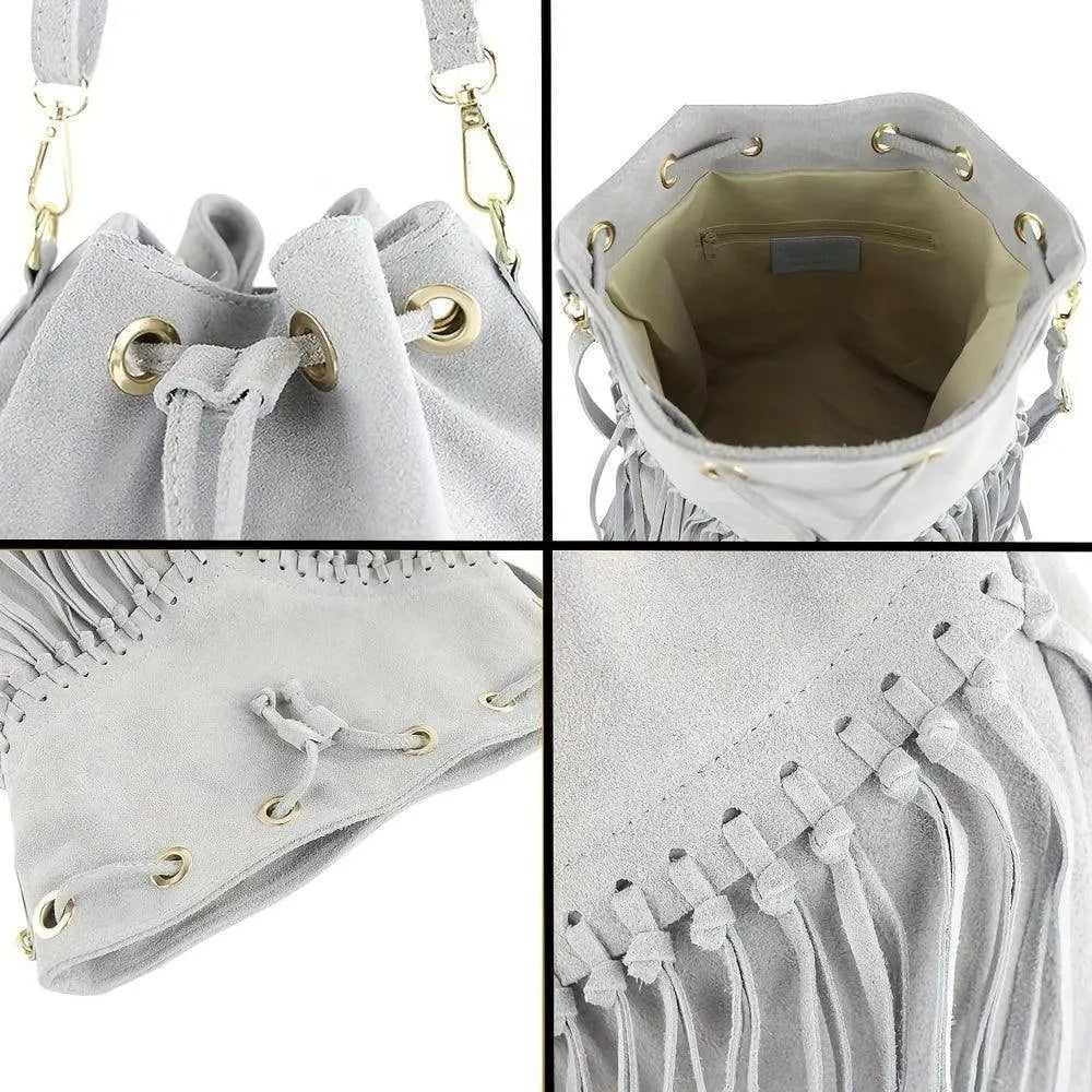 Fashion Fringe Crossbody Bag With Drawstring Closure And Tassel Accent For Vacation And Beach Use SS69