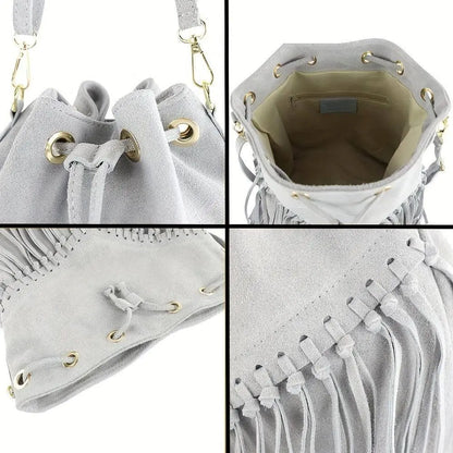 Fashion Fringe Crossbody Bag With Drawstring Closure And Tassel Accent For Vacation And Beach Use SS69