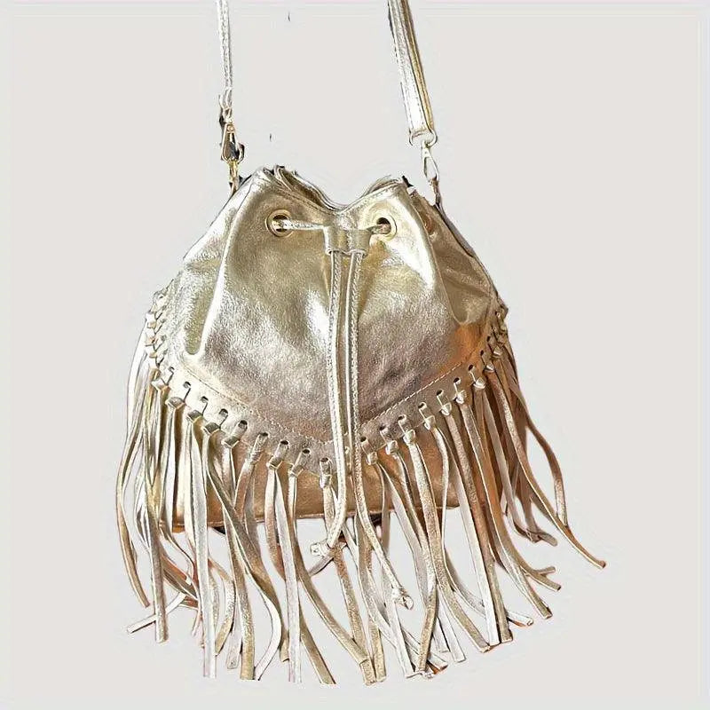 Fashion Fringe Crossbody Bag With Drawstring Closure And Tassel Accent For Vacation And Beach Use SS69 85.69 Golden