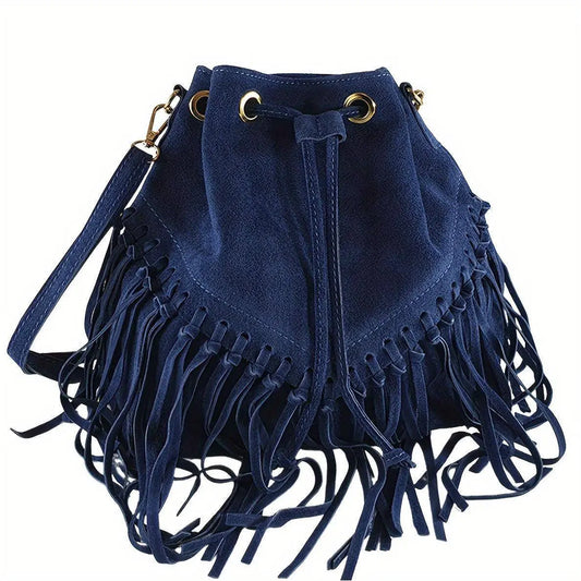 Fashion Fringe Crossbody Bag With Drawstring Closure And Tassel Accent For Vacation And Beach Use SS69 85.69 Blue