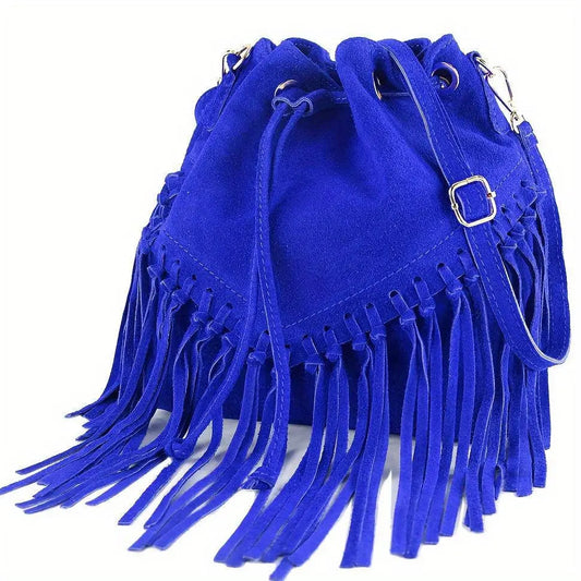 Fashion Fringe Crossbody Bag With Drawstring Closure And Tassel Accent For Vacation And Beach Use SS69 85.69 Royal Blue
