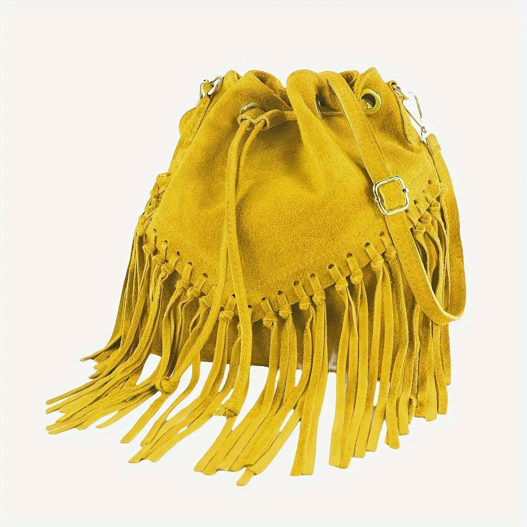 Fashion Fringe Crossbody Bag With Drawstring Closure And Tassel Accent For Vacation And Beach Use SS69 85.69 Yellow
