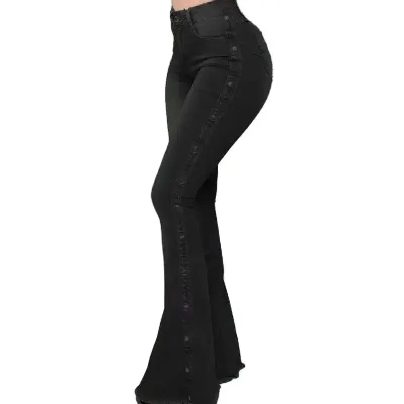 Fashion Side Studded Buckle Decoration Flared Jeans Women Wide Leg Trousers High Waist Denim Pants Daily Casual Chic Streetwear SS69