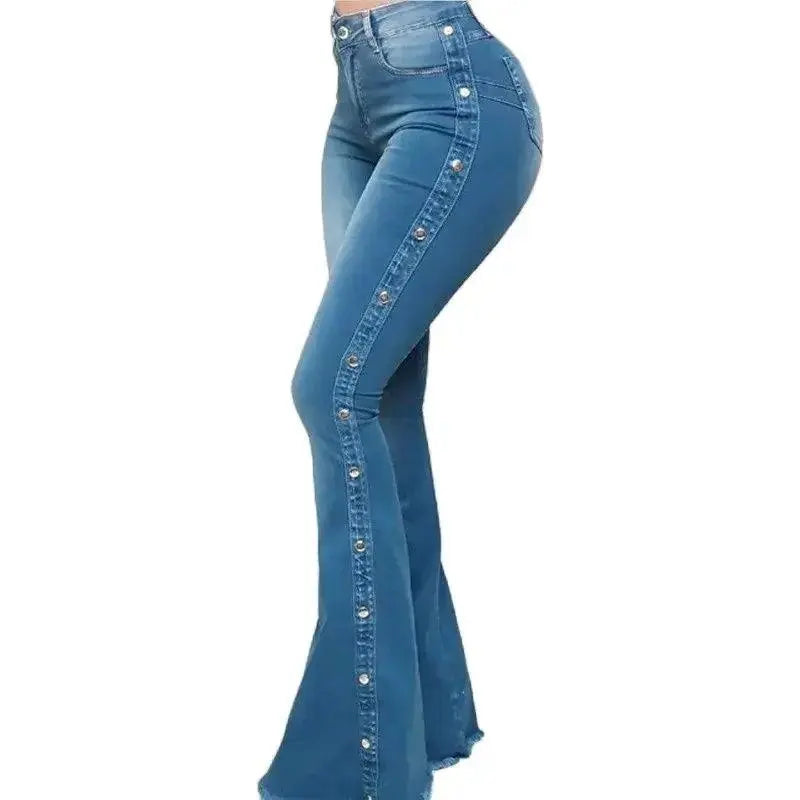 Fashion Side Studded Buckle Decoration Flared Jeans Women Wide Leg Trousers High Waist Denim Pants Daily Casual Chic Streetwear SS69