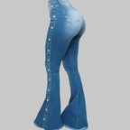 Fashion Side Studded Buckle Decoration Flared Jeans Women Wide Leg Trousers High Waist Denim Pants Daily Casual Chic Streetwear SS69