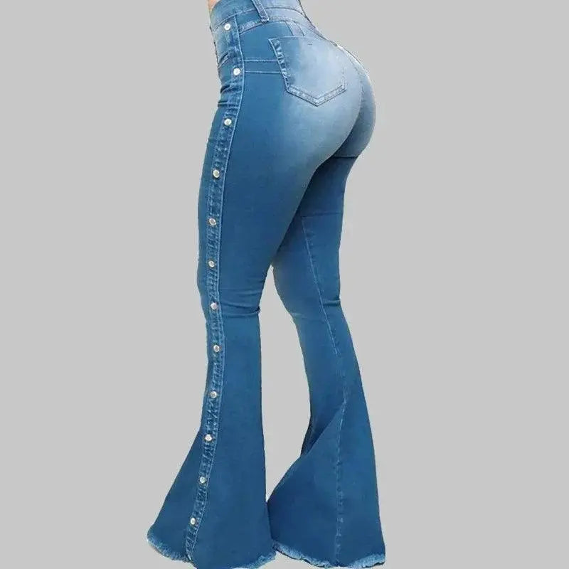 Fashion Side Studded Buckle Decoration Flared Jeans Women Wide Leg Trousers High Waist Denim Pants Daily Casual Chic Streetwear SS69