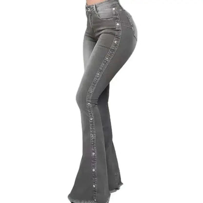 Fashion Side Studded Buckle Decoration Flared Jeans Women Wide Leg Trousers High Waist Denim Pants Daily Casual Chic Streetwear SS69