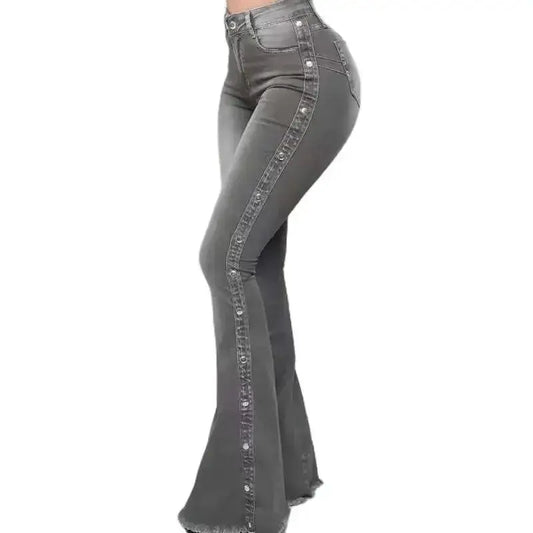 Fashion Side Studded Buckle Decoration Flared Jeans Women Wide Leg Trousers High Waist Denim Pants Daily Casual Chic Streetwear SS69