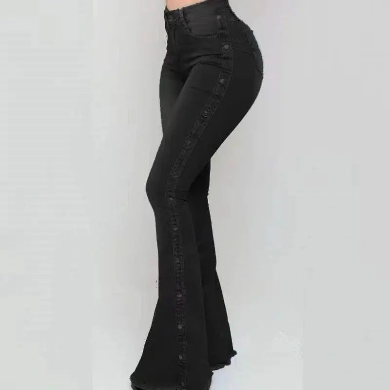 Fashion Side Studded Buckle Decoration Flared Jeans Women Wide Leg Trousers High Waist Denim Pants Daily Casual Chic Streetwear SS69