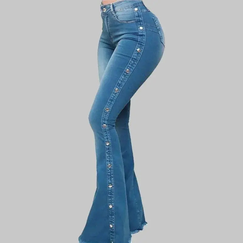 Fashion Side Studded Buckle Decoration Flared Jeans Women Wide Leg Trousers High Waist Denim Pants Daily Casual Chic Streetwear SS69
