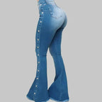 Fashion Side Studded Buckle Decoration Flared Jeans Women Wide Leg Trousers High Waist Denim Pants Daily Casual Chic Streetwear SS69