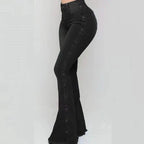Fashion Side Studded Buckle Decoration Flared Jeans Women Wide Leg Trousers High Waist Denim Pants Daily Casual Chic Streetwear SS69