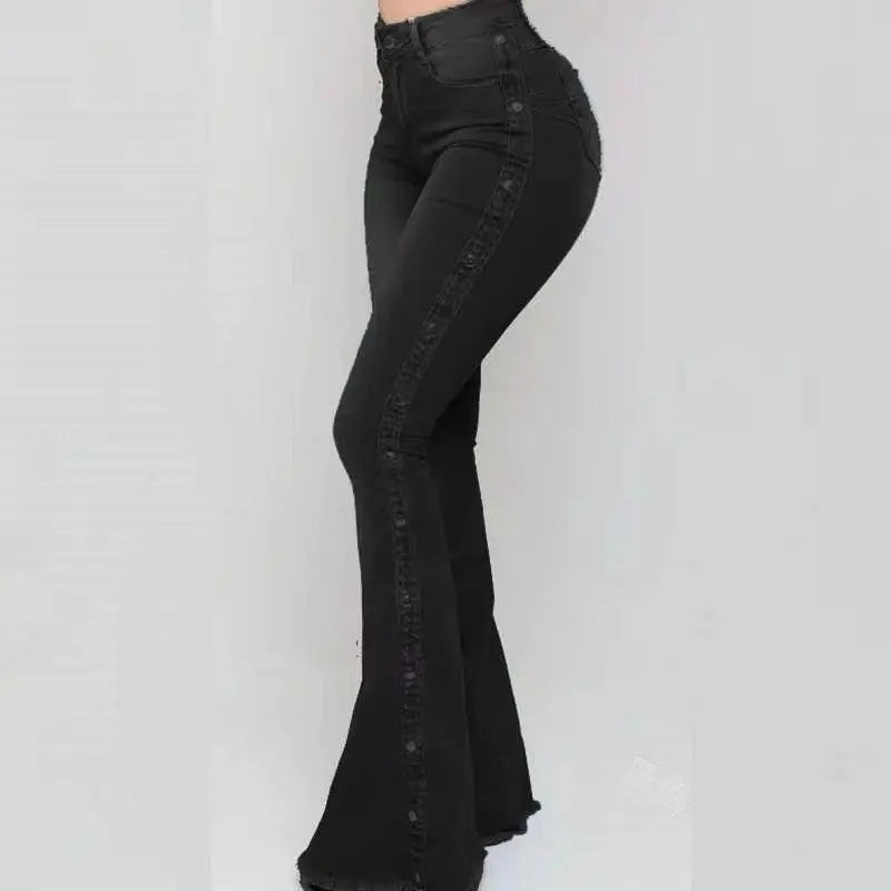 Fashion Side Studded Buckle Decoration Flared Jeans Women Wide Leg Trousers High Waist Denim Pants Daily Casual Chic Streetwear SS69