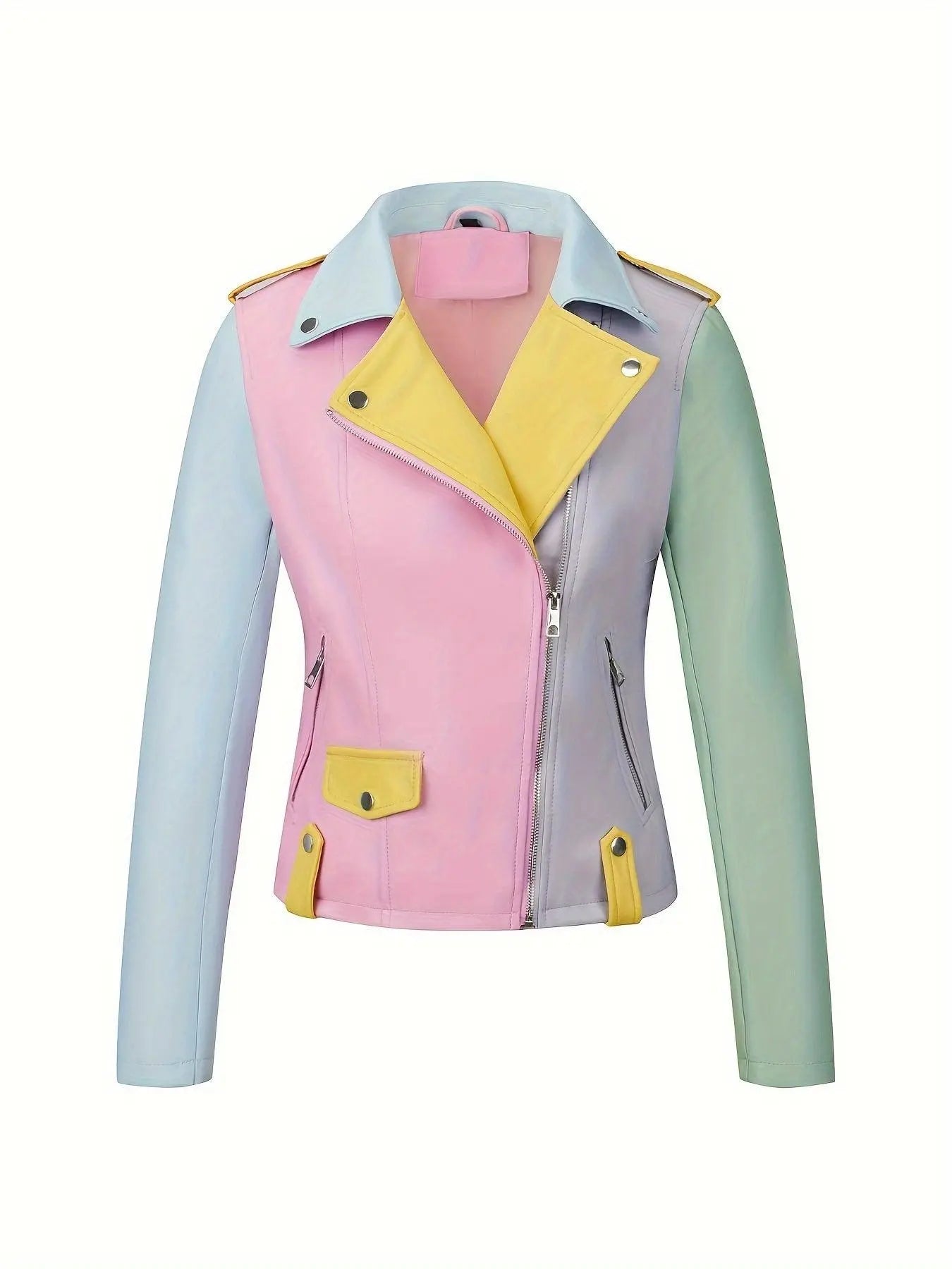 Faux Leather Color Block Zip-up Biker Jacket, Stylish Long Sleeve Slim Jacket For Spring & Fall, Women's Clothing SS69