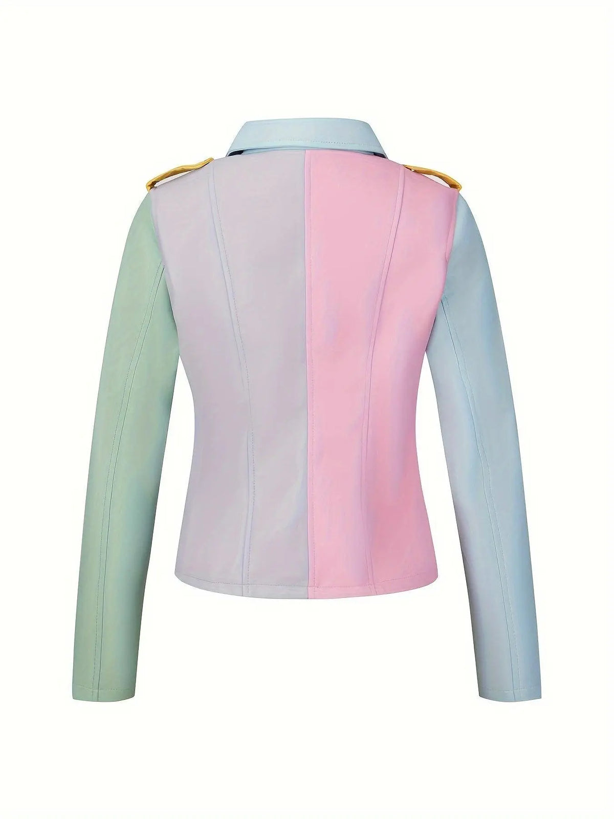 Faux Leather Color Block Zip-up Biker Jacket, Stylish Long Sleeve Slim Jacket For Spring & Fall, Women's Clothing SS69