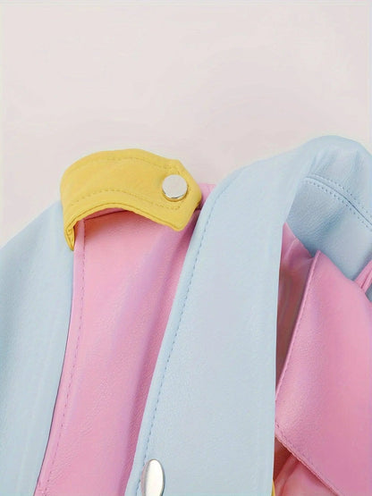 Faux Leather Color Block Zip-up Biker Jacket, Stylish Long Sleeve Slim Jacket For Spring & Fall, Women's Clothing SS69