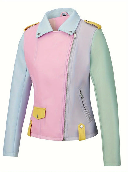 Faux Leather Color Block Zip-up Biker Jacket, Stylish Long Sleeve Slim Jacket For Spring & Fall, Women's Clothing SS69