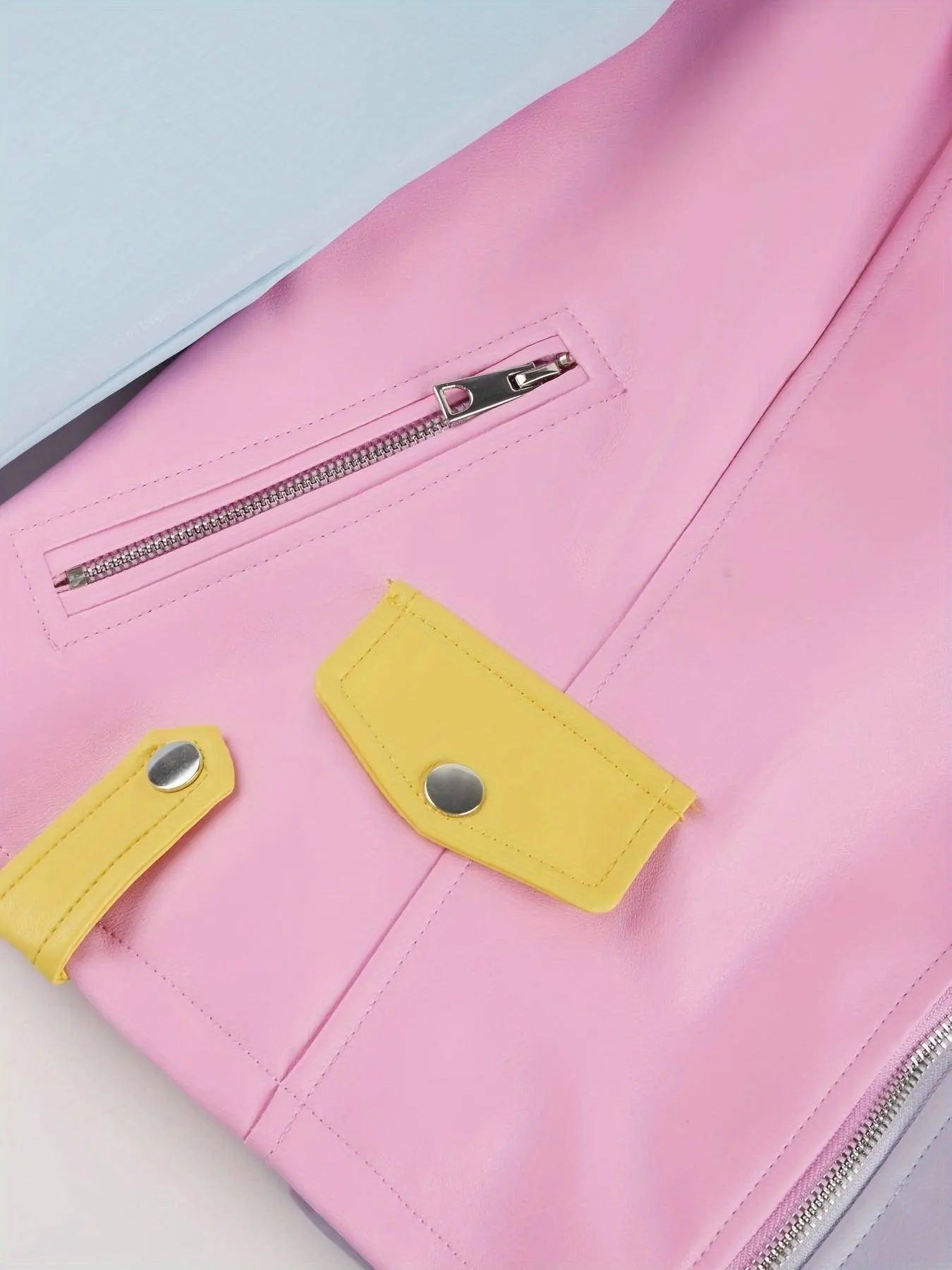 Faux Leather Color Block Zip-up Biker Jacket, Stylish Long Sleeve Slim Jacket For Spring & Fall, Women's Clothing SS69