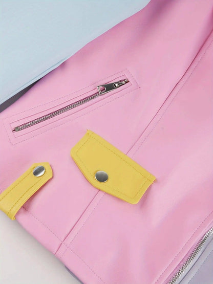 Faux Leather Color Block Zip-up Biker Jacket, Stylish Long Sleeve Slim Jacket For Spring & Fall, Women's Clothing SS69