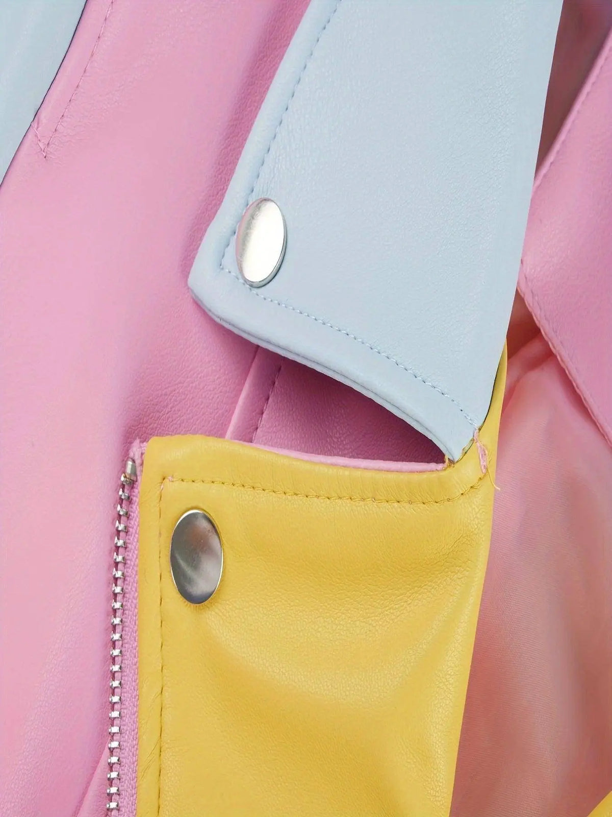 Faux Leather Color Block Zip-up Biker Jacket, Stylish Long Sleeve Slim Jacket For Spring & Fall, Women's Clothing SS69