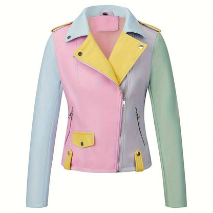 Faux Leather Color Block Zip-up Biker Jacket, Stylish Long Sleeve Slim Jacket For Spring & Fall, Women's Clothing SS69