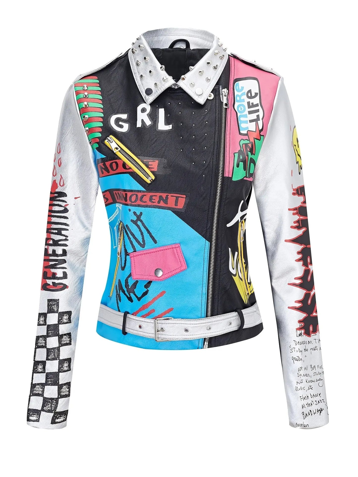 Faux Leather Jacket For Women Studded Rivet Floral Moto Biker Coat SS69