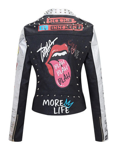 Faux Leather Jacket For Women Studded Rivet Floral Moto Biker Coat SS69