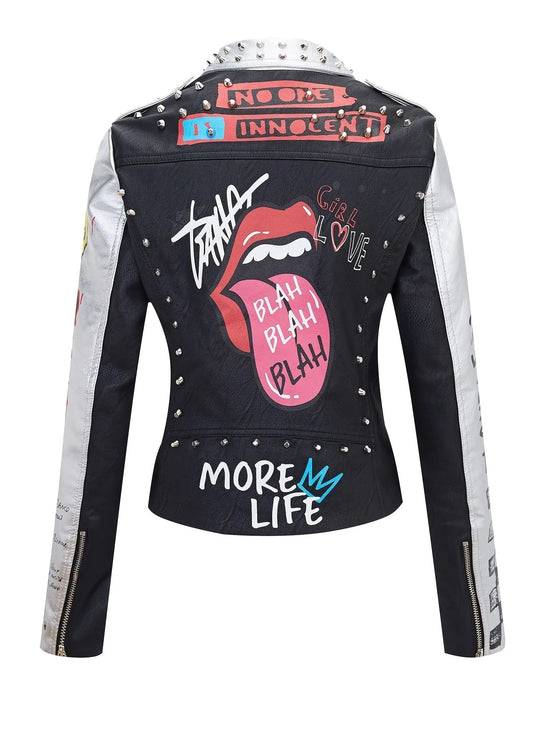 Faux Leather Jacket For Women Studded Rivet Floral Moto Biker Coat SS69