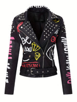 Faux Leather Jacket For Women Studded Rivet Floral Moto Biker Coat SS69
