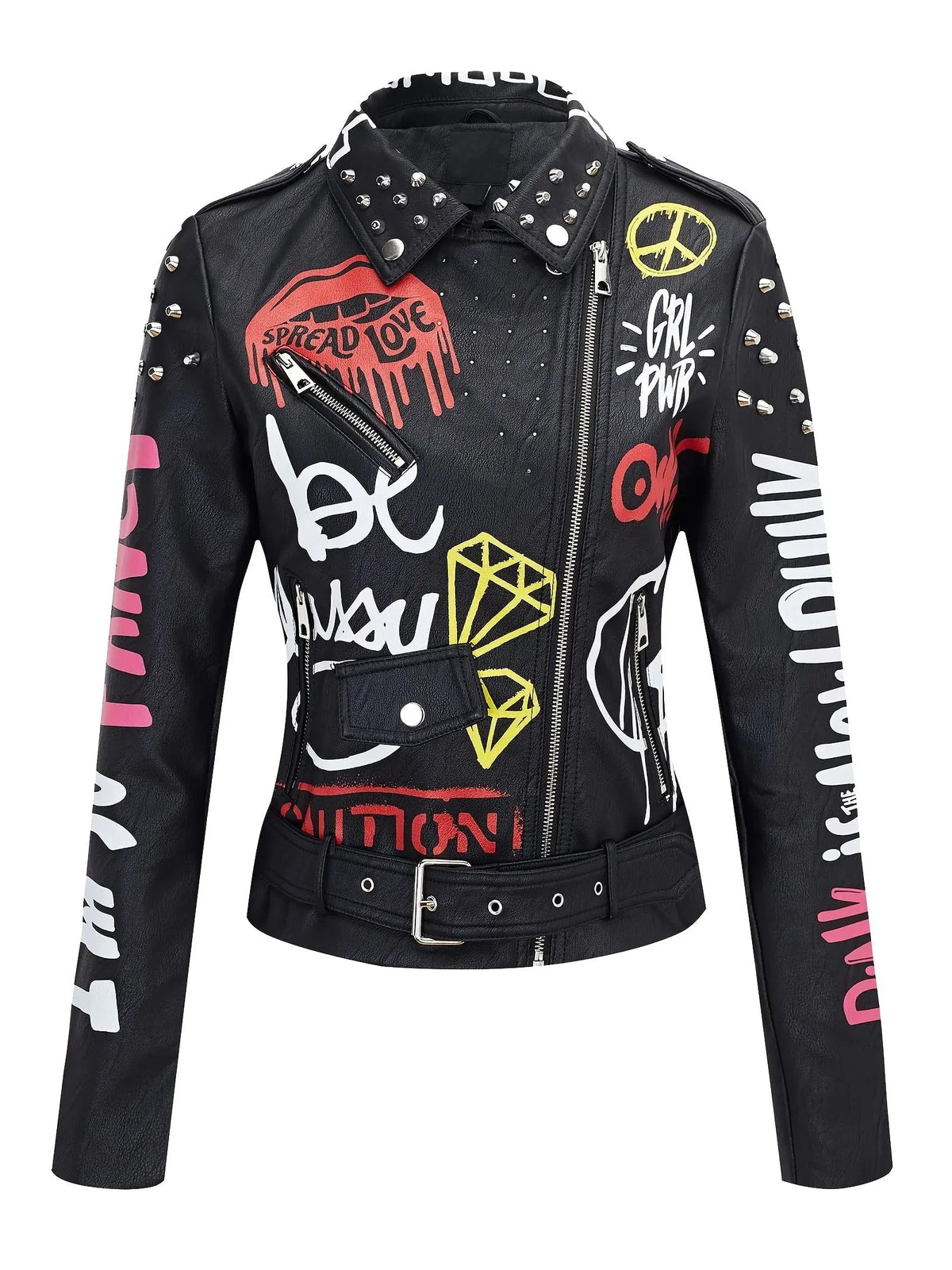 Faux Leather Jacket For Women Studded Rivet Floral Moto Biker Coat SS69