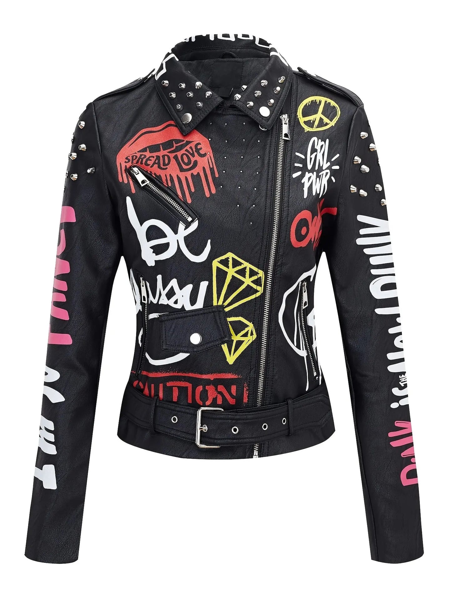 Faux Leather Jacket For Women Studded Rivet Floral Moto Biker Coat SS69